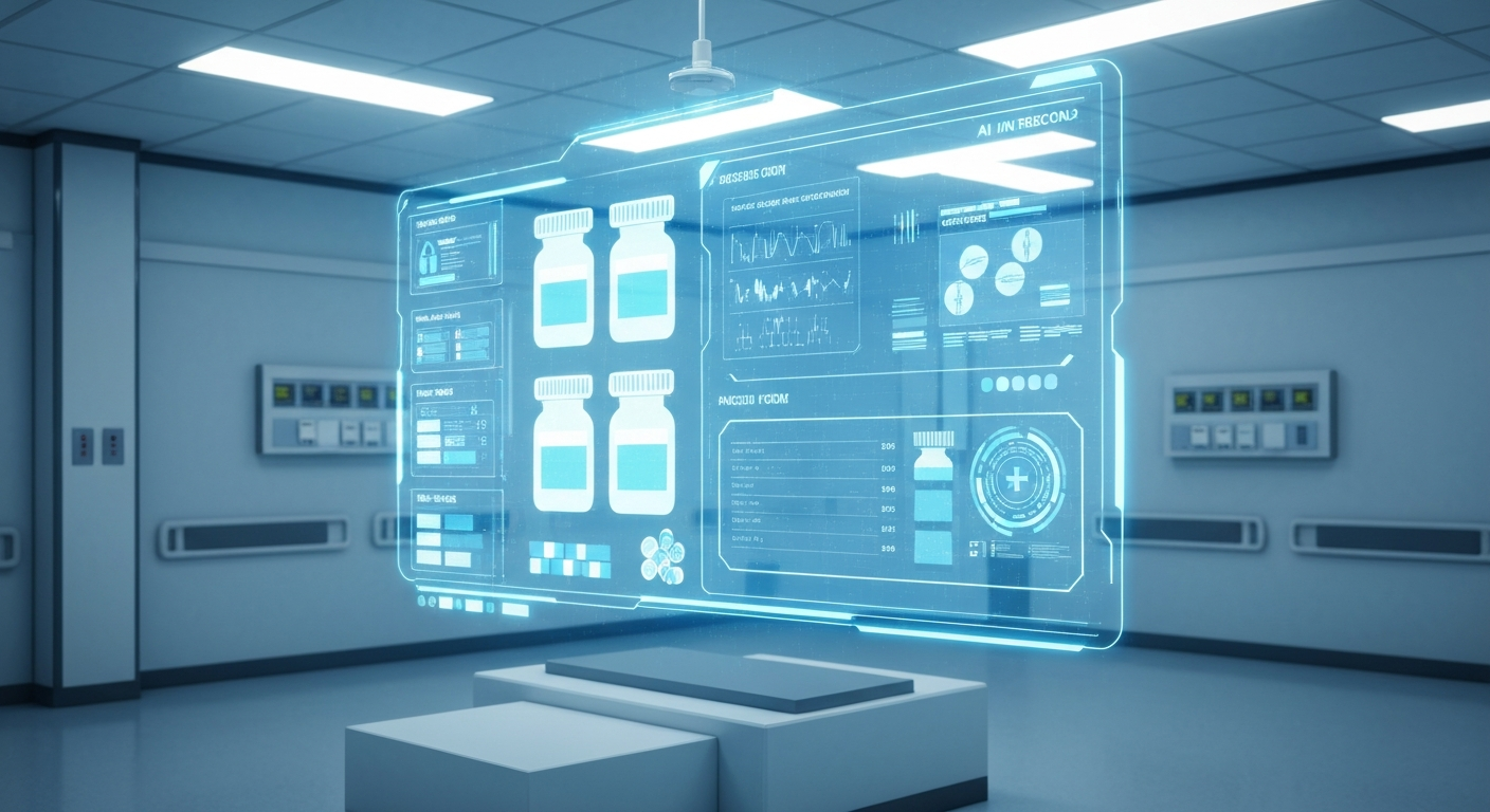Futuristic AI healthcare interface showing prescription management system